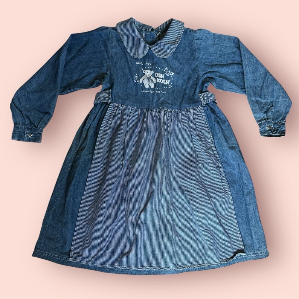 Vtg Osh Kosh Girl Cotton Apron Dress Blue White Stripe Size 6x Bear Collar